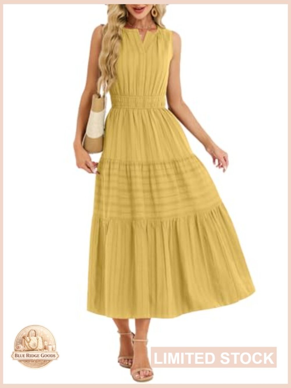 Summer Maxi Dress V Neck Sleeveless Elastic Waist Midi Dress with Pockets - Picture 5 of 7